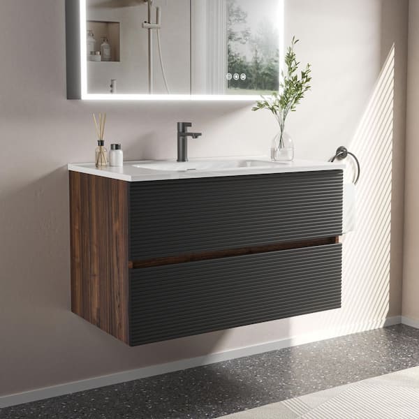 30 in. Single Sink Floating Black Walnut Bath Vanity with White Ceramic Top, Pre-assembled