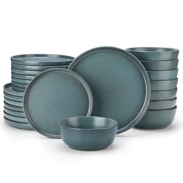 24-Piece Stoneware Dinnerware Set for 8, Smoky Teal Reactive-Glazed Ceramic Dishes with Dinner Plates,