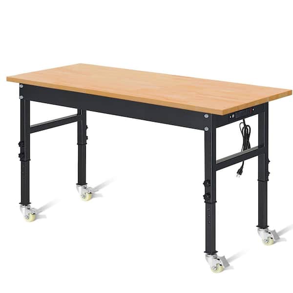 AirWire 48 in. W x 24 in. D Heavy-Duty Work Bench Adjustable Workbench Work Table, Solid Wood Top with Power Outlets and Wheels