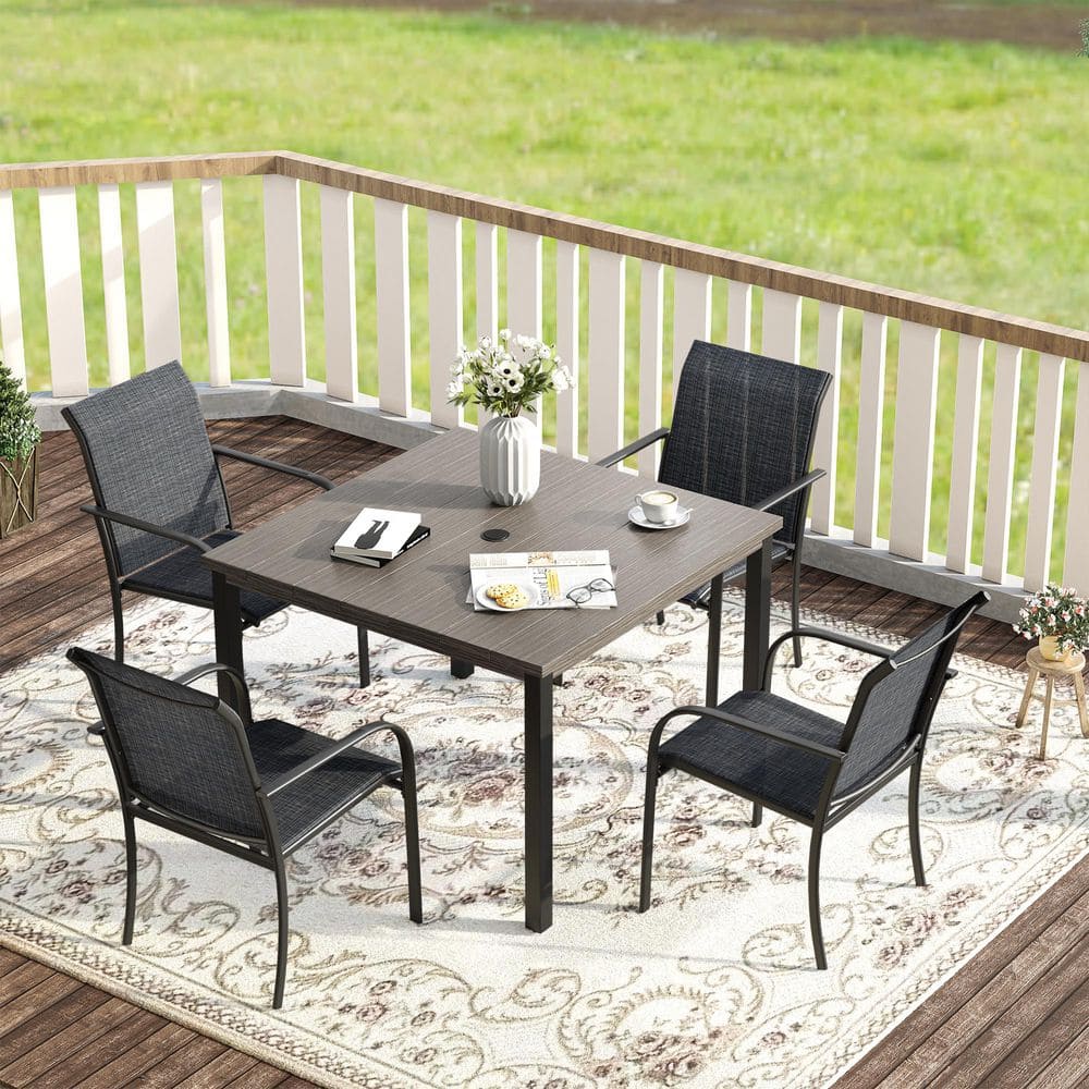 5-Piece Metal Outdoor Dining Set with Grey Wood-Like Square Table and 4 Grey Dining Chairs with Armrests