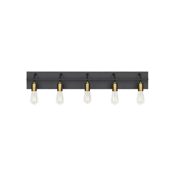 Generation Lighting Tae 36 in. W 5-Light Black Industrial Metal Bathroom Vanity Light with Aged Brass Socket Cups and Black Cords