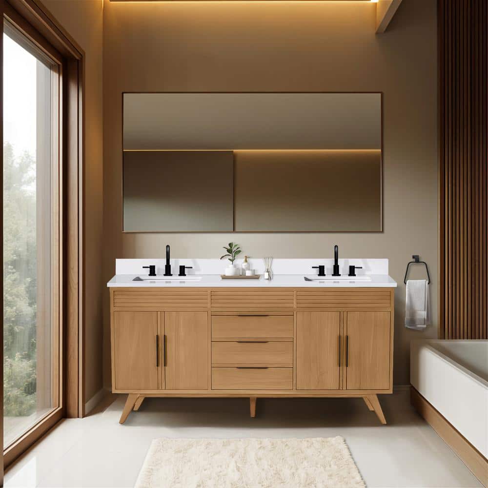 Taylor 73" Natural Teak Double Sink Vanity with White Quartz Top