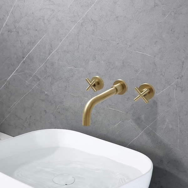 2-Handle Wall Mount Bathroom Faucet with Cross Handles in Brushed