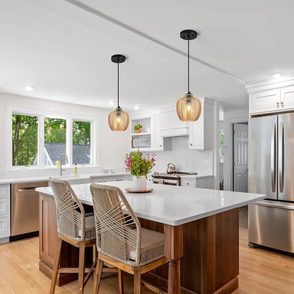 Home Lighting 60W 3-Light 6.29 in. Amber Glass Pendant-Black Finish, Height-Adjustable, for Bedrooms, Dining Rooms, etc