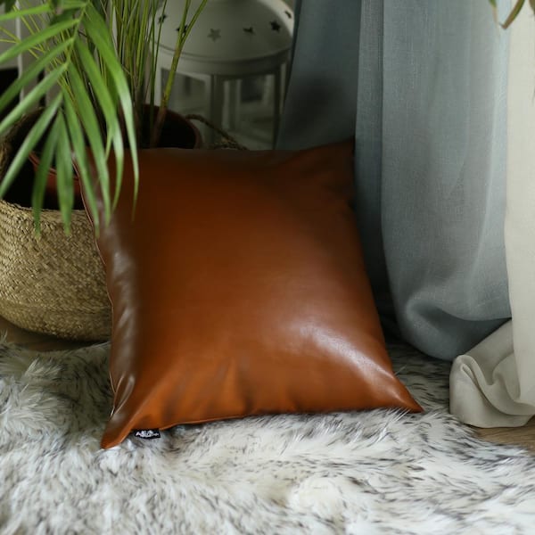 Mike&Co. New York Boho Mixed Set of 2 Handcrafted Vegan Faux Leather Brown Geometric Throw Pillow Cover for Couch, Bedding - Brown