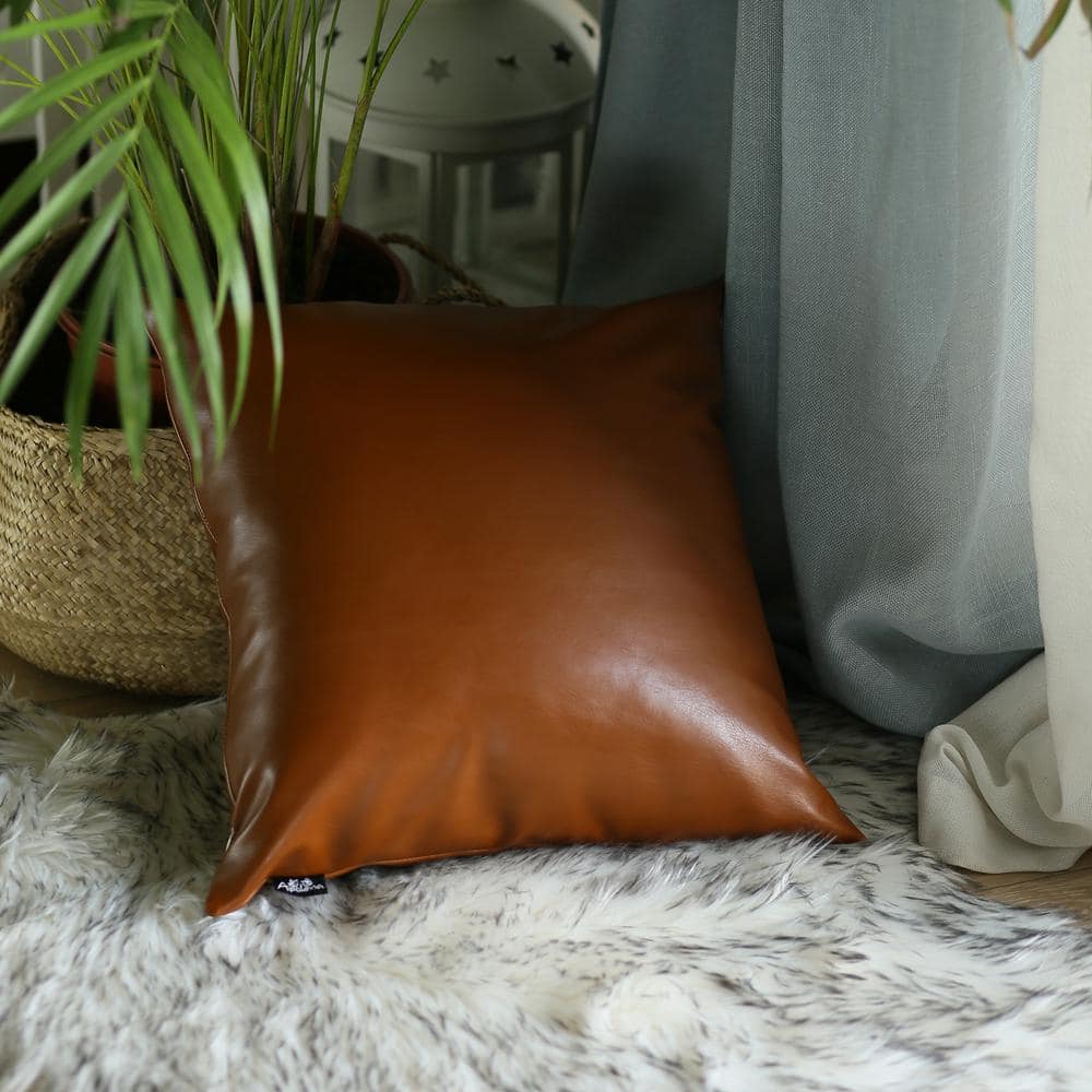 Set of 2 Brown and Beige Faux Leather Rectangular Throw Pillows