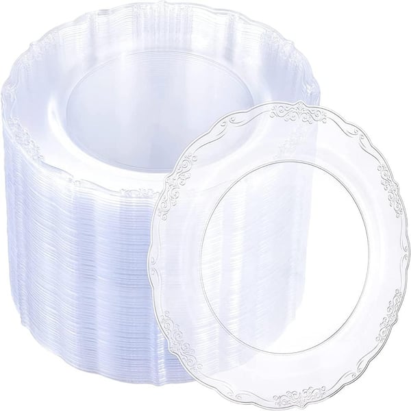 60 Pack Clear 7.5 Inch Plastic Dessert Plates with Lace Pattern for Parties and Events