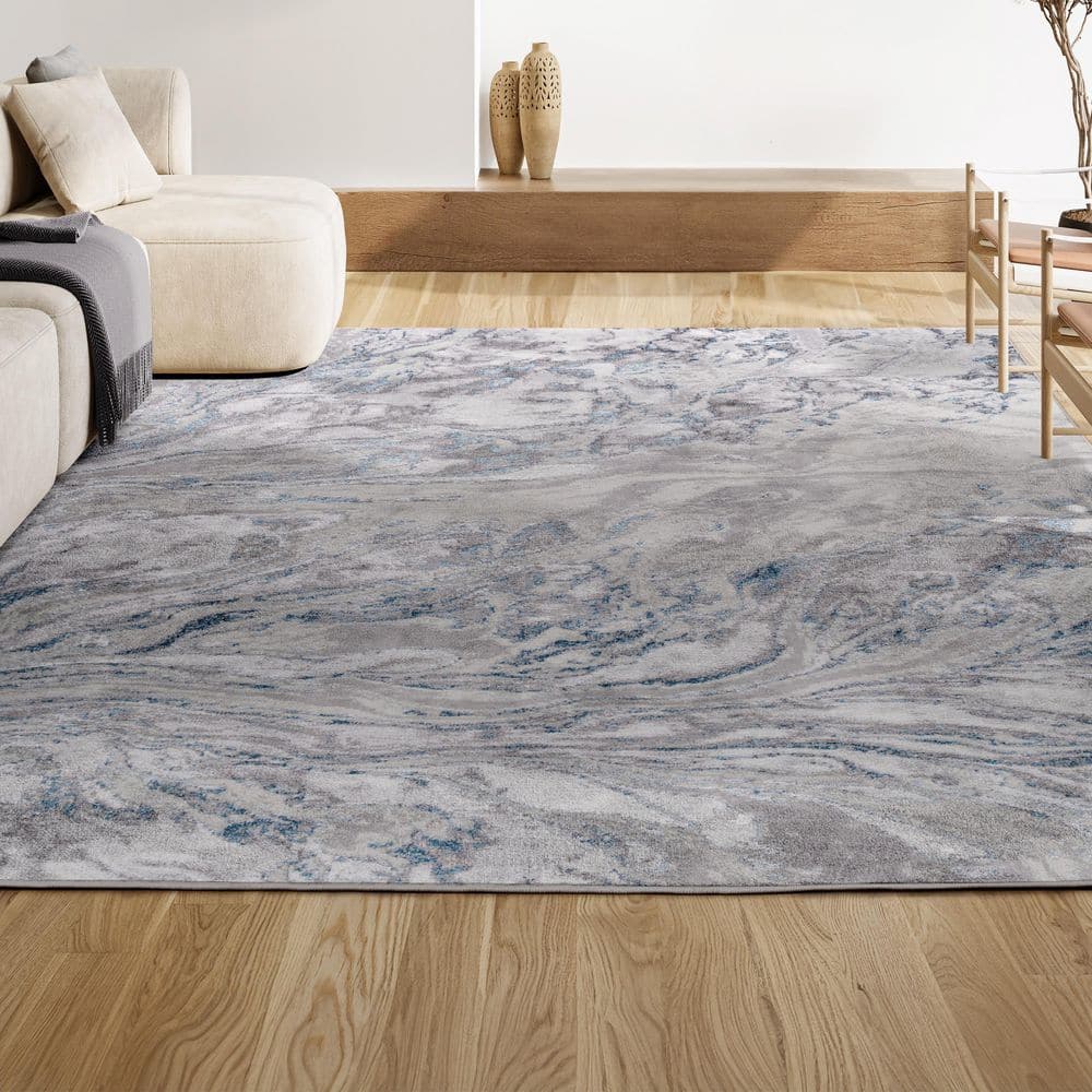 Gray and Blue Abstract Marbled 8' x 10' Synthetic Area Rug