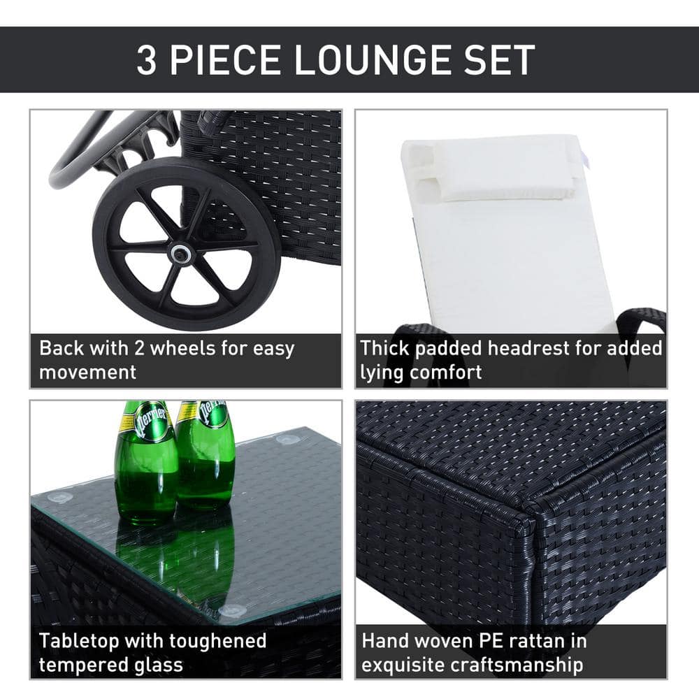 Black and White Adjustable Rattan Chaise Lounge Set with Cushions