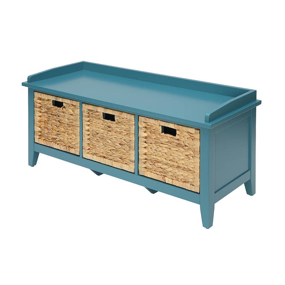 Teal Wood Storage Bench with Rattan Baskets