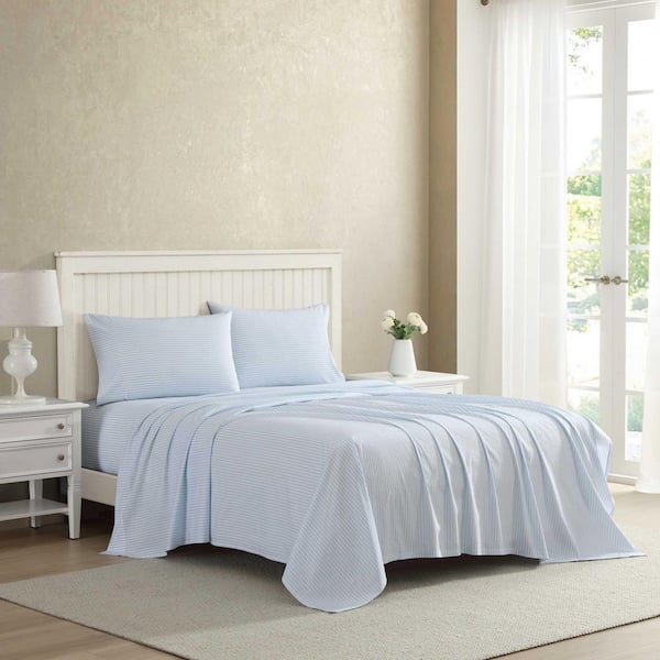 Bedford Skinny Stripe 4-Piece White/Blue Cotton Percale Full Sheet Set