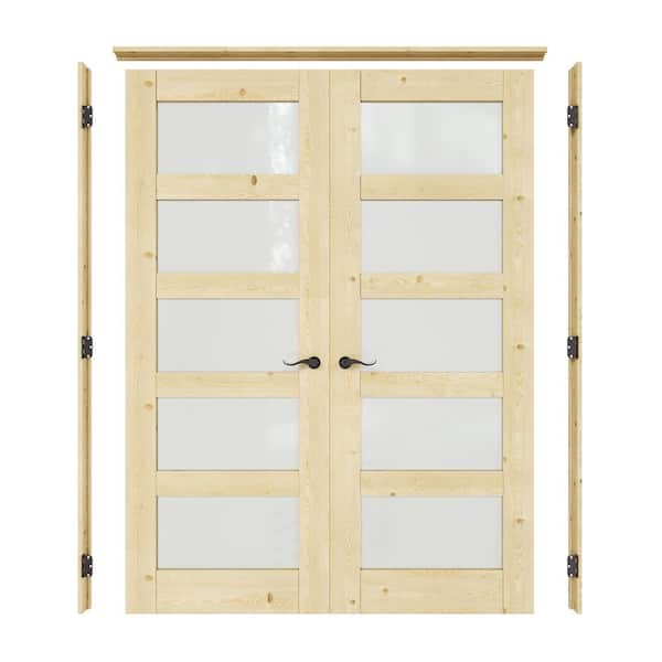 60 in. x 80 in. 5-Lite Frosted Glass Universal Solid Core Unfinished Pine Wood Double Prehung French Door+Separate Jamb