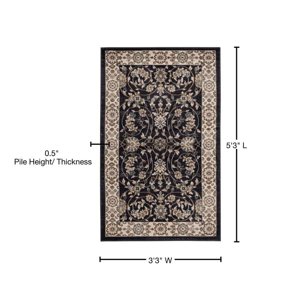 Anthracite and Cream Floral Border Rectangular Area Rug