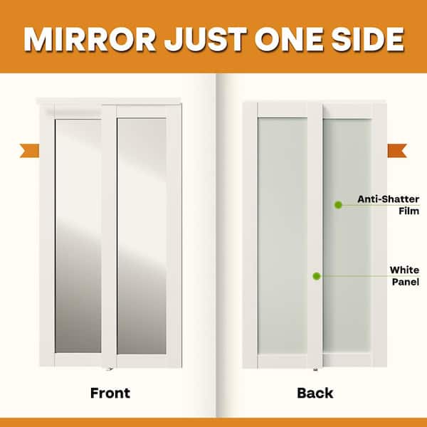 96 in. x 80 in. MDF 1-Lite Mirror Sliding Door with Hardware Track Kit and Floor Guide and Handle, Finished Double Doors