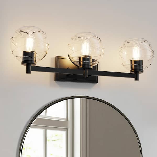 25 in. 3-Light Matte Black Globe Vanity Light Mounting Positions with Clear Glass Shade for Bathroom
