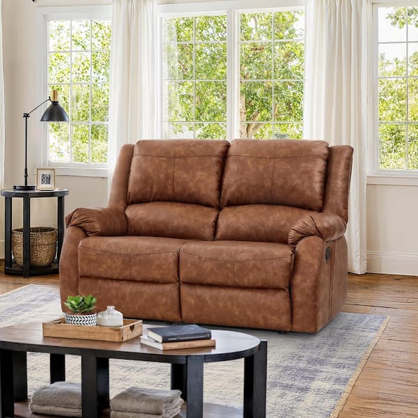 Jackson 59 in. W Rolled Arm Leather Upholstered 2-Seater Push Back Rectangle Recliner Loveseat in Saddle Brown