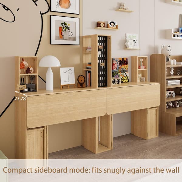 70.98 in. Rectangular Oak 2-Drawer Desk with Foldable Worktop, Hidden Stools, and Wall-Mounted Pegboard Storage