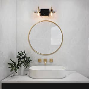 Transitional Cone Bathroom Vanity Light 2-Light Modern Black and Brass Wall Sconce with Seeded Glass Shades