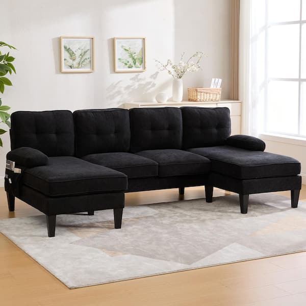 100 in. Arm 4-piece U-Shape Modern Linen Upholstered Sectional Sofa with Double Chaises and Side Pocket in Black