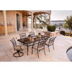 Seasons 7-Piece Aluminum Outdoor Dining Set with Tan Cushions with Extra Large Glass-Top Dining Table