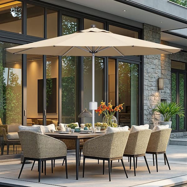9 ft. Motorized Patio Umbrella, Remote Outdoor Umbrella with Heavy Duty Aluminum Frame, Beige