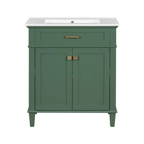 Ziyudura 30 in. Single Sink Freestanding Green Bath Vanity with White Ceramic Top, Soft Close Door