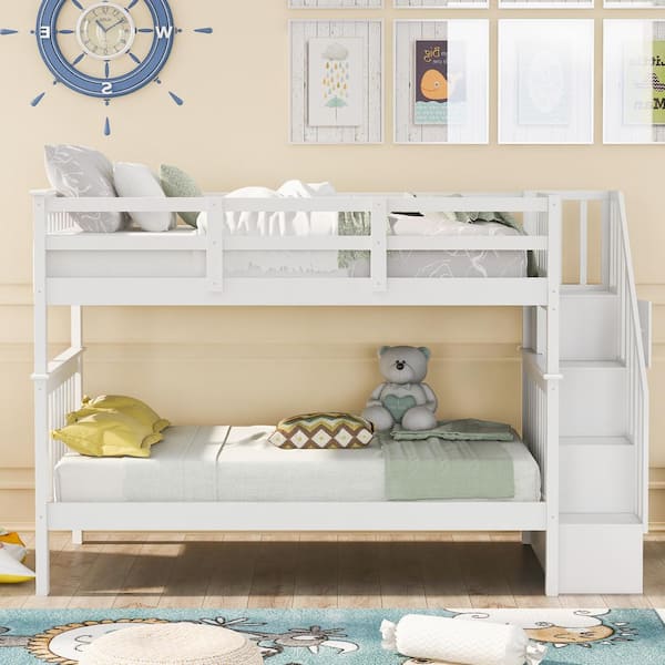 White Twin Over Twin Wood Bunk Bed with Staircase and Full- Length Guard Rail