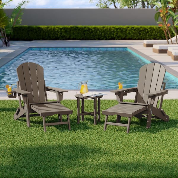 Laguna Outdoor Weather Proof 3-PC Folding Adjustable Adirondack Chair w/ Pull Out Ottoman & Table Set, Weathered Wood