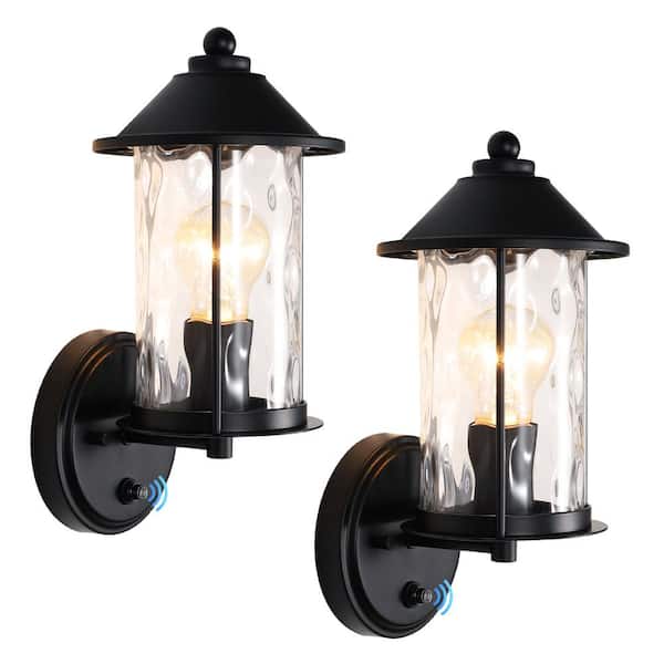 pasentel 12.25 in. Black Outdoor Dusk to Dawn Hardwired Glass Wall Lantern Scones with No Bulbs Included(2-Pack)