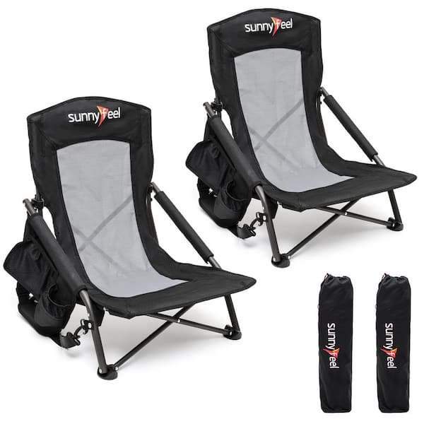 Clihome Outdoor Metal Frame Black Folding Beach Chair with Side Pocket (Set of 2)