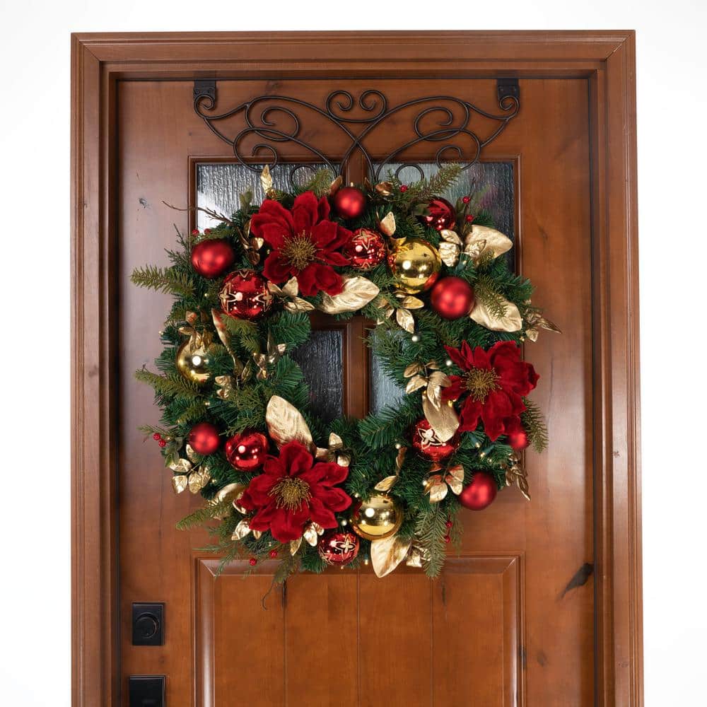 30 Inch Pre-Lit Golden Leaf and Red Magnolia Christmas Wreath