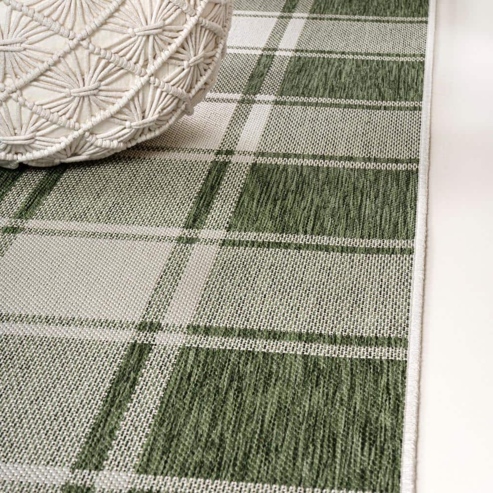 Sabine Green and Cream Synthetic Checkerboard Runner Rug, 2 x 8 ft