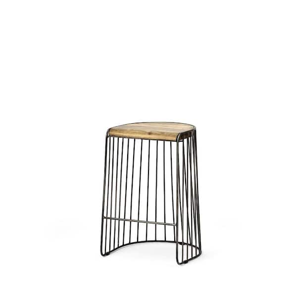 25.60 in. H Black, Natural Counter Height Metal Bar Stool with Solid Wood Seat