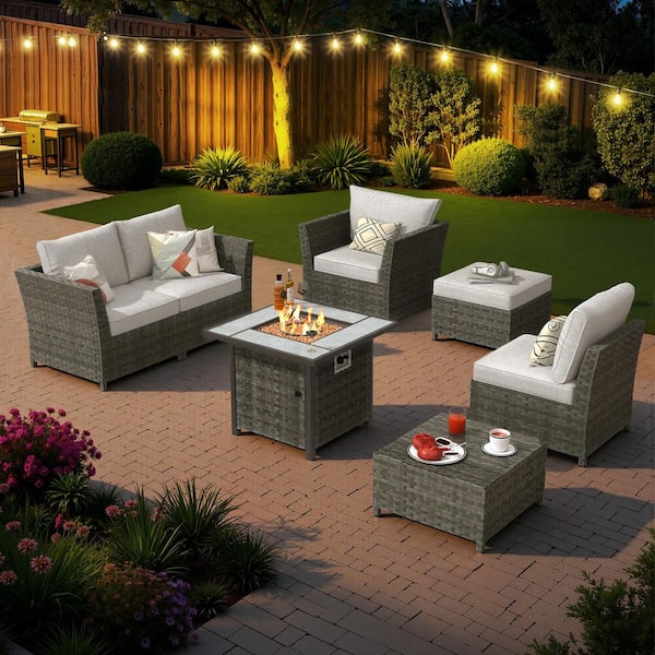 Auris Gray 7-Piece Wicker Outdoor Patio Conversation Seating Set with Fire Pit, Beige Cushions and Coffee Table