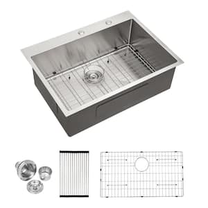 16-Gauge 33 in. Stainless Steel Single Bowl Drop-In Kitchen Sink with Bottom Grid and Strainer