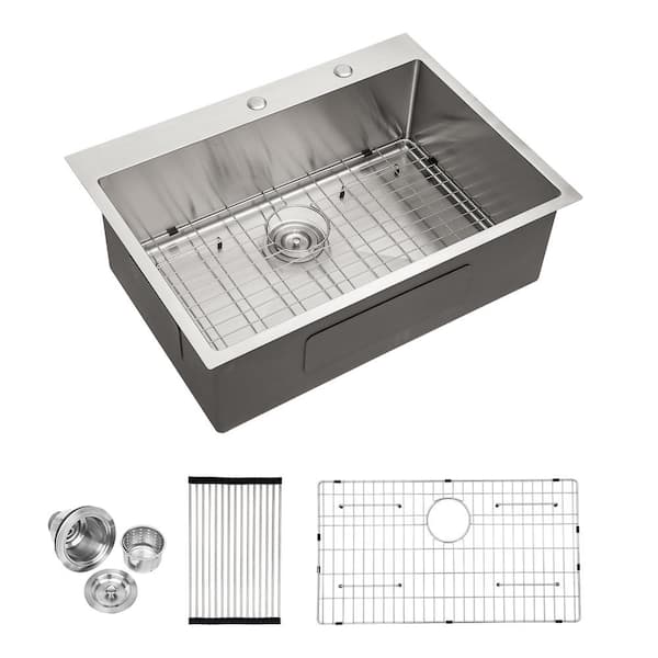 LORDEAR 16-Gauge 33 in. Stainless Steel Single Bowl Drop-In Kitchen Sink with Bottom Grid and Strainer