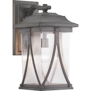 Abbott Collection 1-Light Antique Pewter Clear Seeded Glass Craftsman Outdoor Large Wall Lantern Light