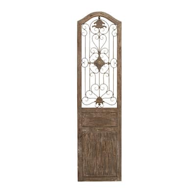 72 in. x 19 in. "Arched Door Panel with Iron Scrollwork and Medallion" Framed Wooden Wall Art