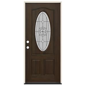 36 in. x 80 in. Right-Hand 3/4 Oval McAlpine Decorative Glass Black Cherry Steel Prehung Front Door