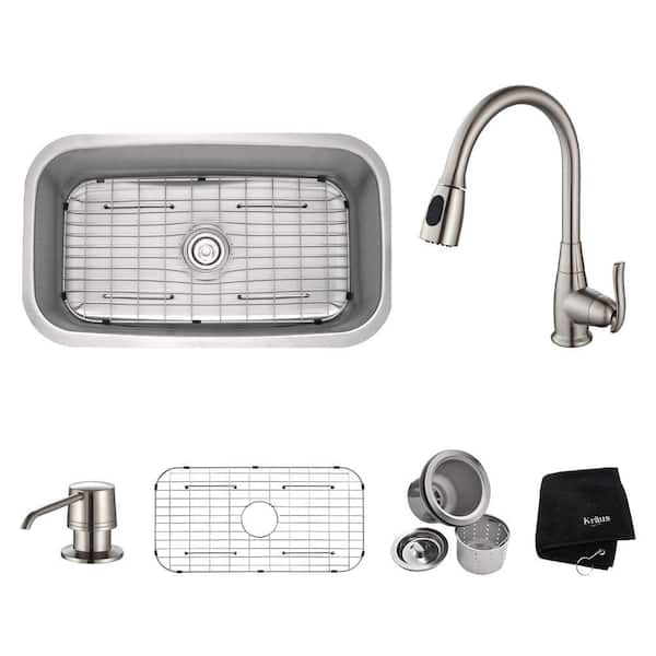 KRAUS All-in-One Undermount Stainless Steel 32 in. Single Bowl Kitchen Sink with Faucet and Accessories in Satin Nickel