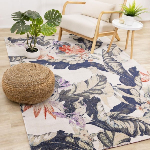 Callaya Collections 5 ft. x 8 ft. Beige Botanical Indoor Area Rug
