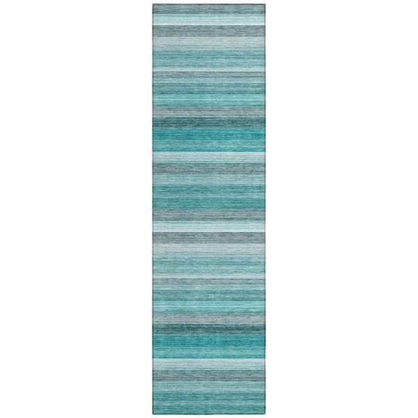 Teal Blue 2 ft. x 8 ft. Woven Striped Polyester Runner Indoor / Outdoor Area Rug