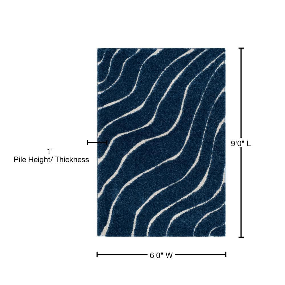 Dark Blue and Cream Tufted Shag Area Rug