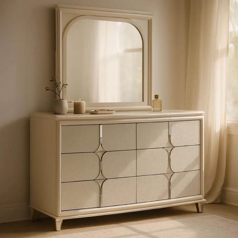 Ory Pearl White and Chrome 6 Drawer 18 in. Dresser with Mirror