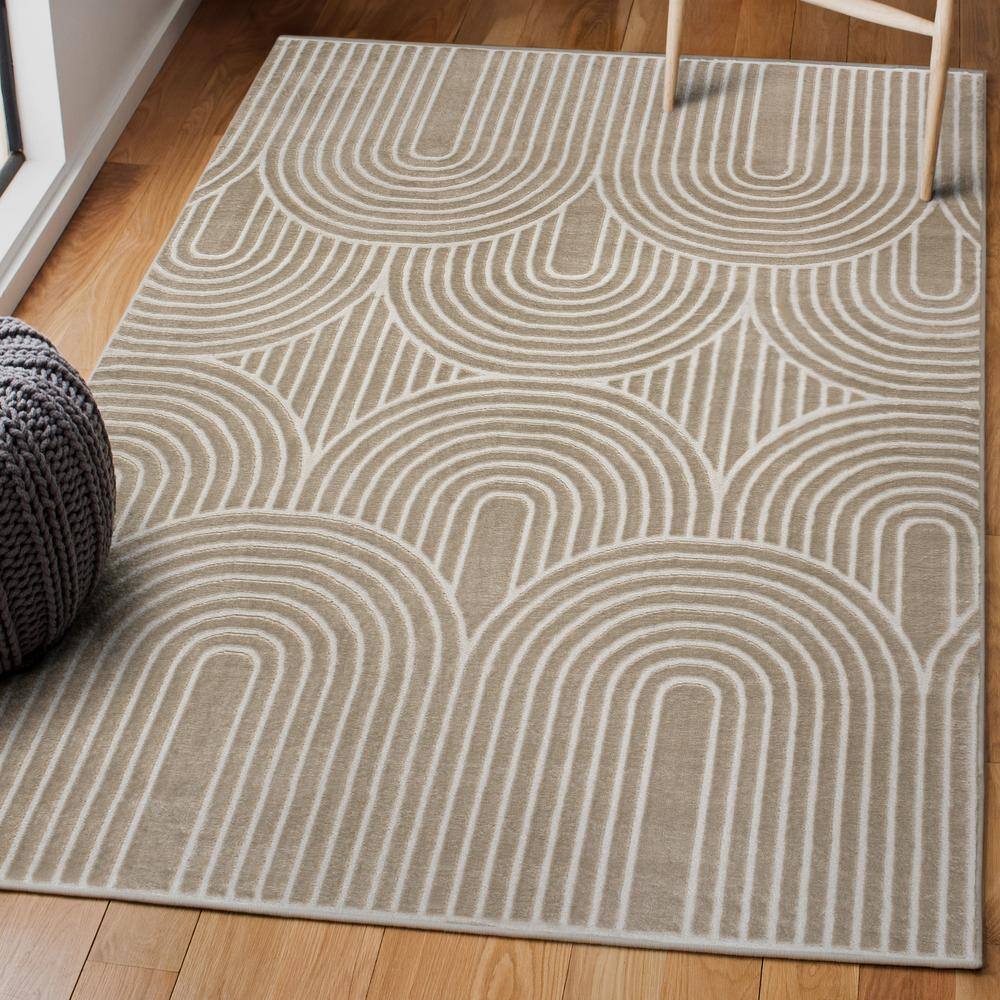 Beige and Cream Striped Arches Polyester 3x5 Area Rug