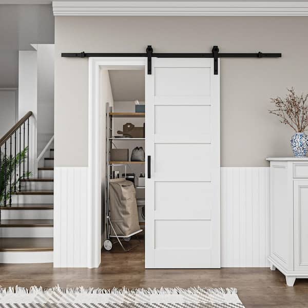 30 in. x 84 in. Paneled 5-Lites White MDF with PVC Finished Sliding Barn Door Slab with Hardware Kit and Soft Close