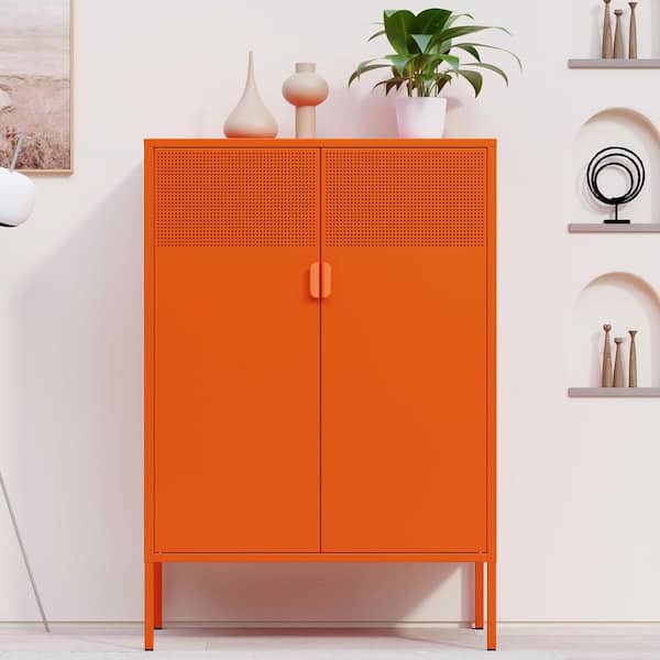 Orange 3 Tier 47.24 in. H Metal Storage Cabinet with Adjustable Shelves 2 Door Metal Locker Style Accent Storage Cabinet