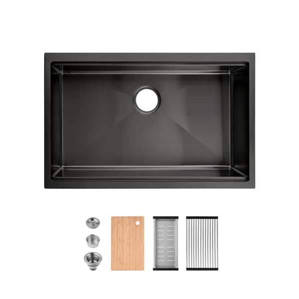 30 in. Undermount Single Bowl 20 Gauge Black Stainless Steel Kitchen Sink with Drain