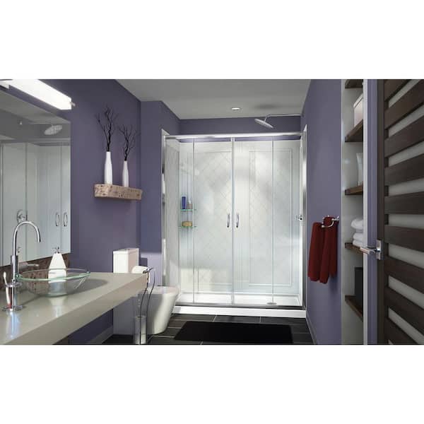 Visions 60 in. W x 30 in. D x 76-3/4 in. H Semi-Frameless Shower Door in Chrome with White Base and Backwalls