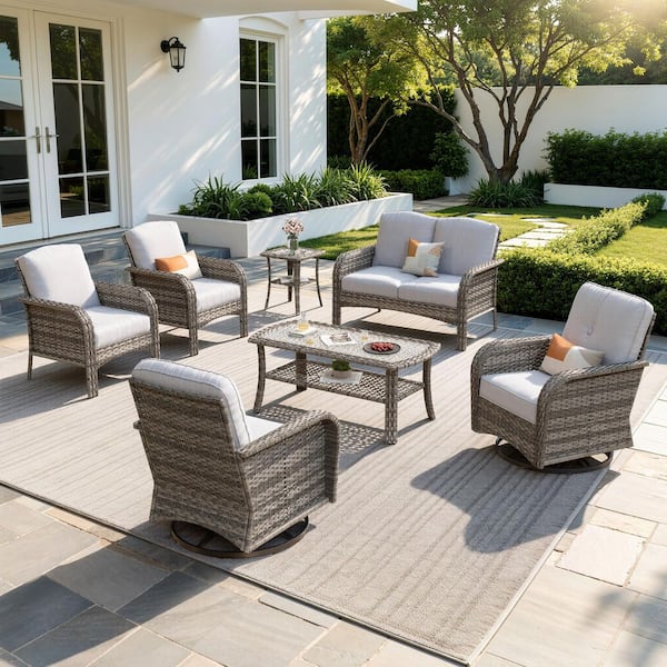 Meis Gray 7-Piece Wicker Patio Conversation Set with Gray Cushions and Swivel Chairs